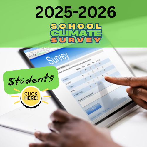 2025-2026 School Climate Survey photo of finger pointing at a laptop computer survey